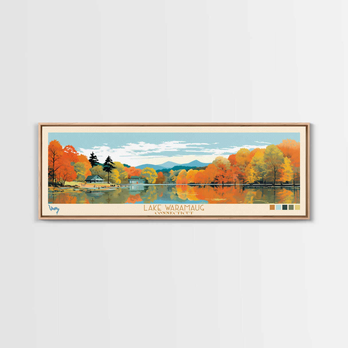 Lake Waramaug, Connecticut Panoramic Wall Art Framed Canvas Print, Midcentury Modern, Pop Art, Home Decor, Travel Poster, Living Room Art