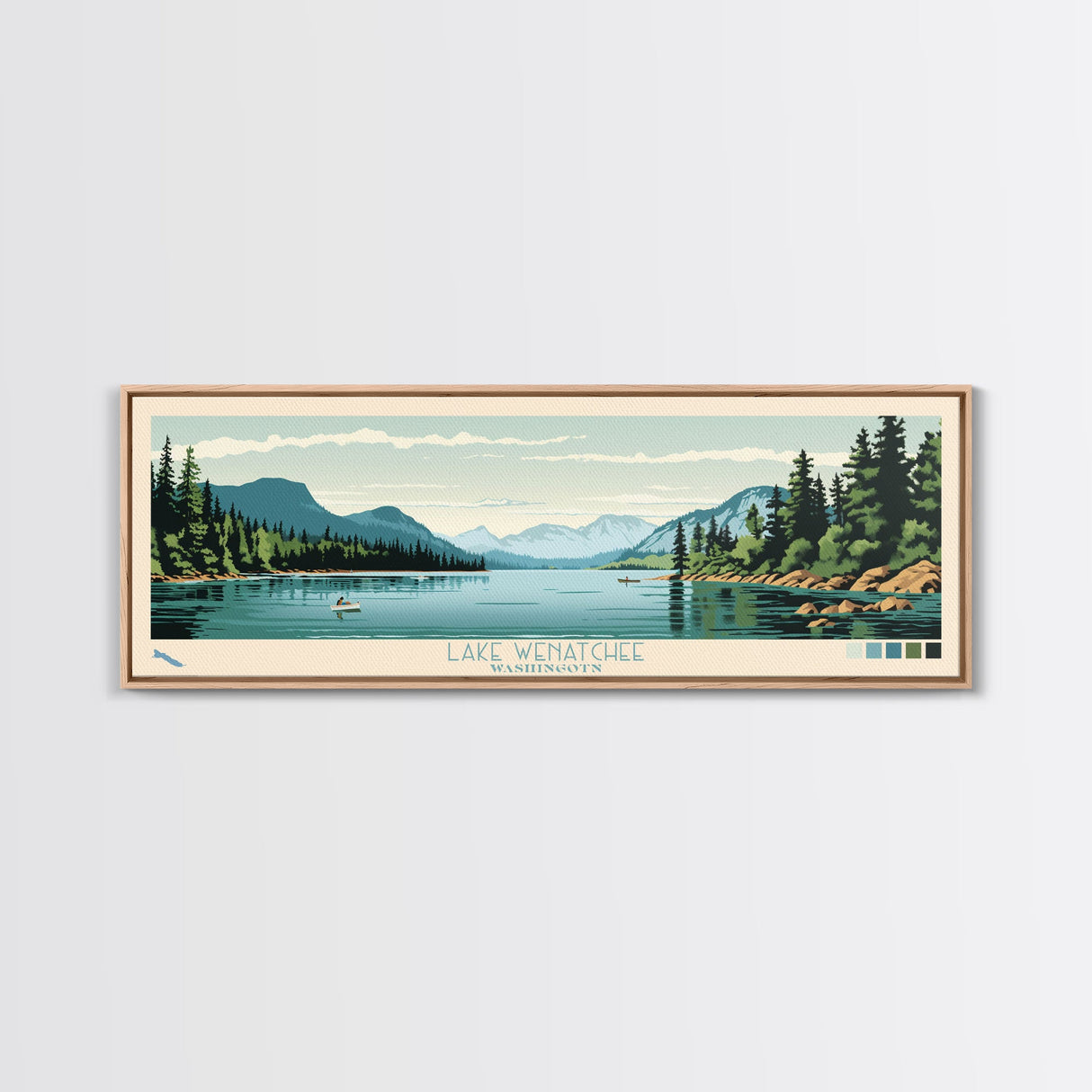 Lake Wenatchee, Washington Panoramic Wall Art Framed Canvas Print, Midcentury Modern, Pop Art, Home Decor, Travel Poster, Bedroom Art