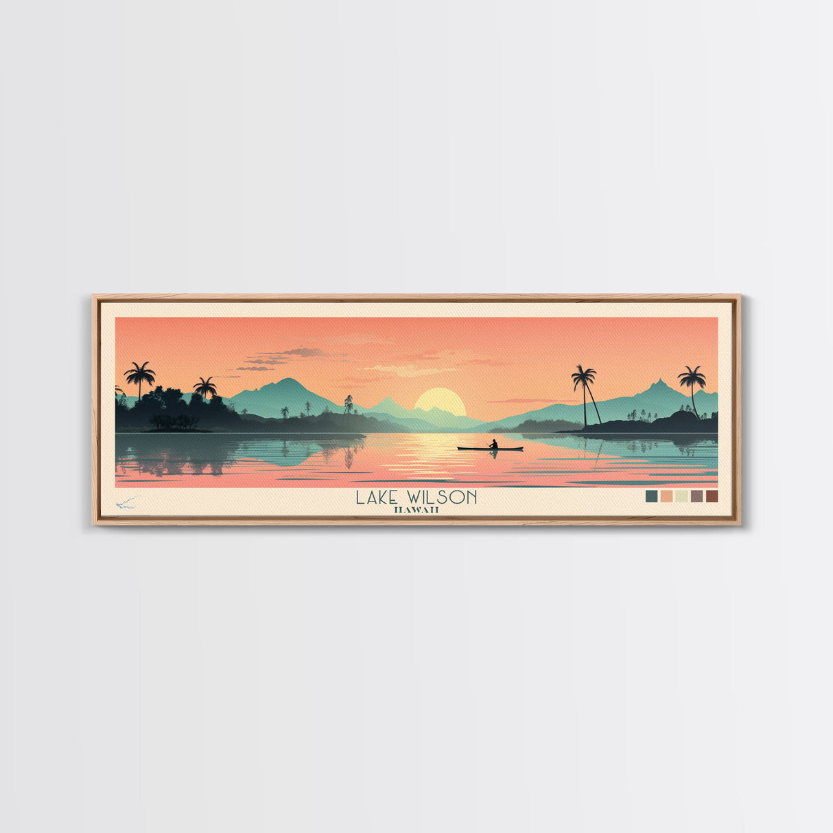 Lake Wilson, Hawaii Panoramic Wall Art Framed Canvas Print, Midcentury Modern, Pop Art, Home Decor, Travel Poster, Living Room Art