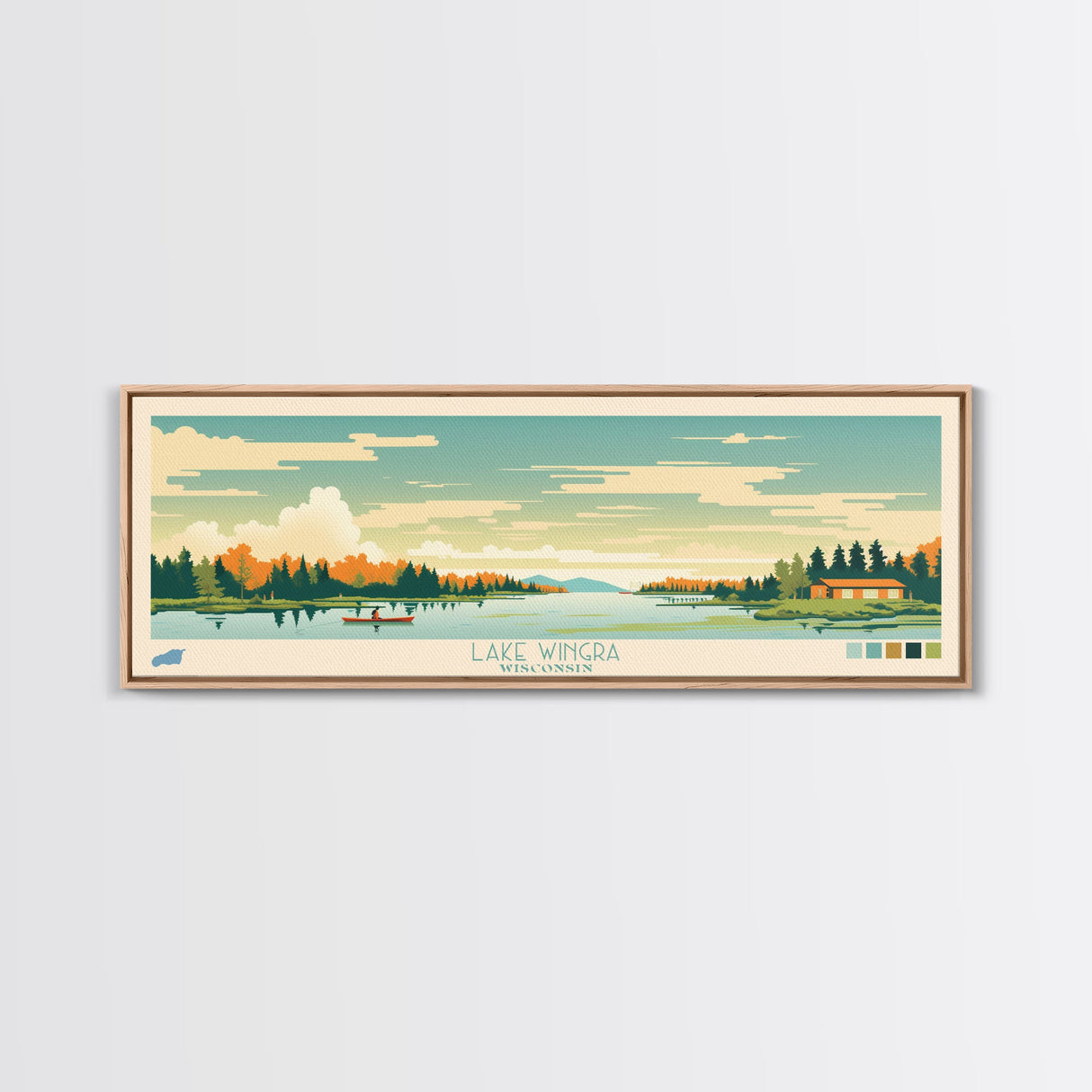 Lake Wingra, Wisconsin Panoramic Wall Art Framed Canvas Print, Midcentury Modern, Pop Art, Home Decor, Travel Poster, Bedroom Art