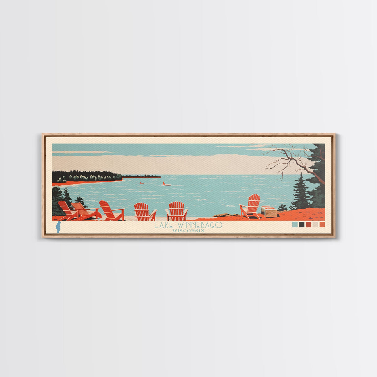 Lake Winnebago, Wisconsin Panoramic Wall Art Framed Canvas Print, Midcentury Modern, Pop Art, Home Decor, Travel Poster, Living Room Art