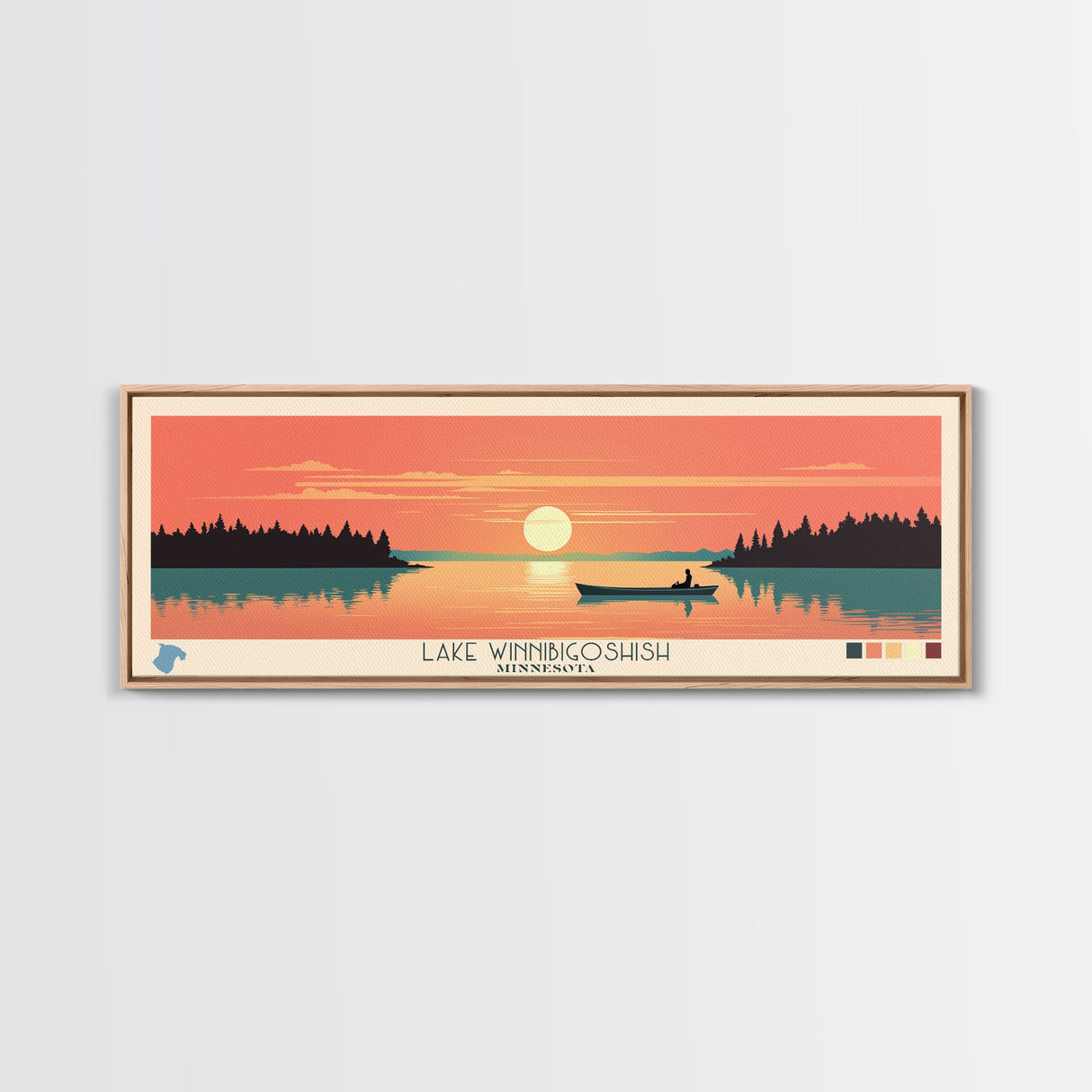 Lake Winnibigoshish, Minnesota Panoramic Wall Art Framed Canvas Print, Midcentury Modern, Pop Art, Home Decor, Travel Poster, Bedroom Art