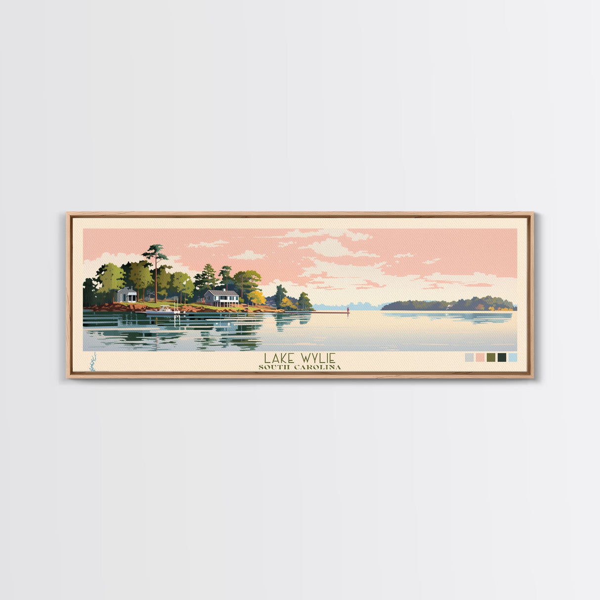 Lake Wylie, South Carolina Panoramic Wall Art Framed Canvas Print, Midcentury Modern, Pop Art, Home Decor, Travel Poster, Living Room Art