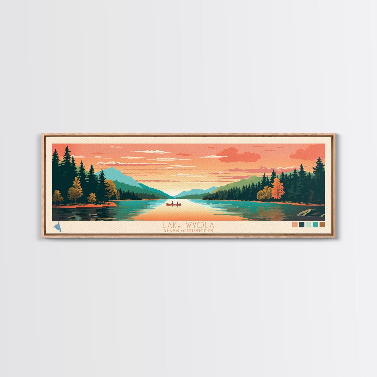 Lake Wyola, Massachusetts Panoramic Wall Art Framed Canvas Print, Midcentury Modern, Pop Art, Home Decor, Travel Poster, Bedroom Art