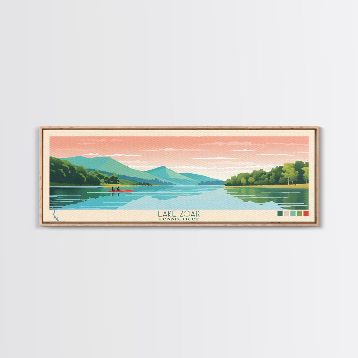 Lake Zoar, Connecticut Panoramic Wall Art Framed Canvas Print, Midcentury Modern, Pop Art, Home Decor, Travel Poster, Living Room Art