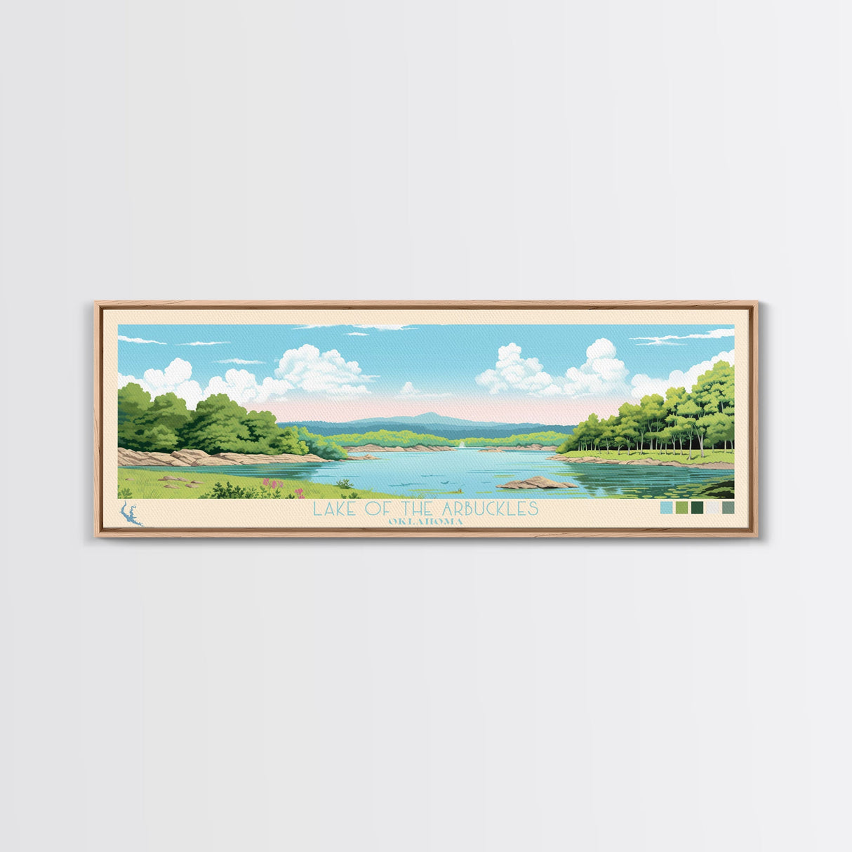 Lake of the Arbuckles Oklahoma Framed Canvas Print, Panoramic Wall Art, Midcentury Modern, Pop Art, Bedroom Art, Travel Poster, Lake House Decor