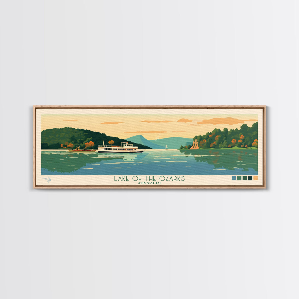 Lake of the Ozarks Missouri Framed Canvas Print, Panoramic Wall Art, Midcentury Modern, Pop Art, Living Room Decor, Travel Poster, Lake House Art