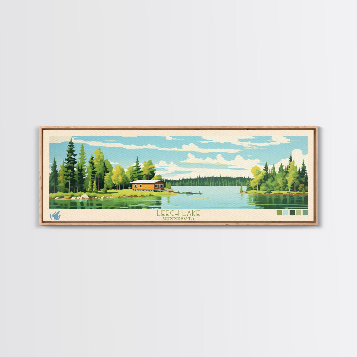 Leech Lake, Minnesota Panoramic Wall Art Framed Canvas Print, Midcentury Modern, Pop Art, Home Decor, Travel Poster, Living Room Art