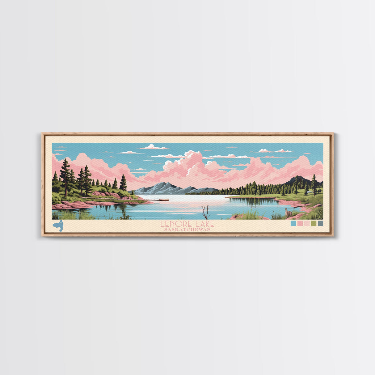 Leigh Lake, Wyoming Panoramic Wall Art Framed Canvas Print, Midcentury Modern, Pop Art, Home Decor, Travel Poster, Bedroom Art