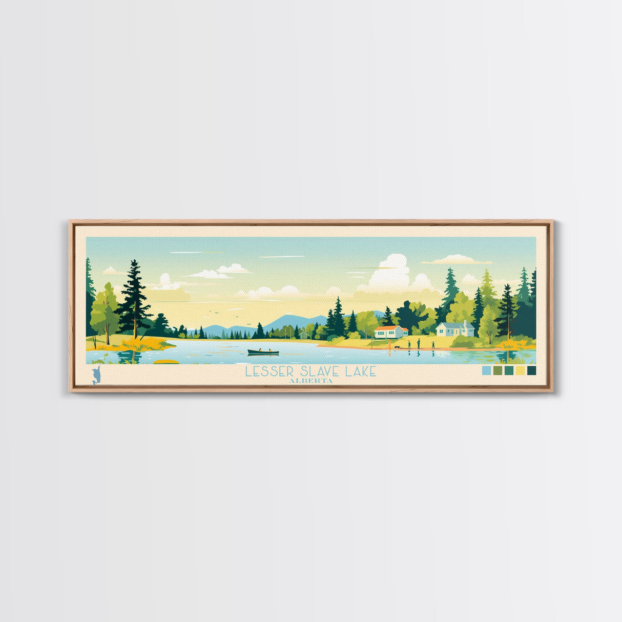 Lenore Lake, Saskatchewan Panoramic Wall Art Framed Canvas Print, Midcentury Modern, Pop Art, Home Decor, Travel Poster, Living Room Art