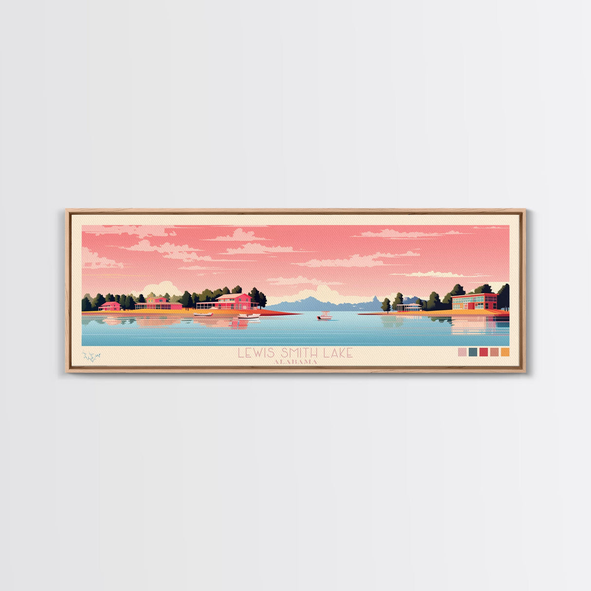 Lewis Smith Lake, Alabama Panoramic Wall Art Framed Canvas Print, Midcentury Modern, Pop Art, Home Decor, Travel Poster, Living Room Art