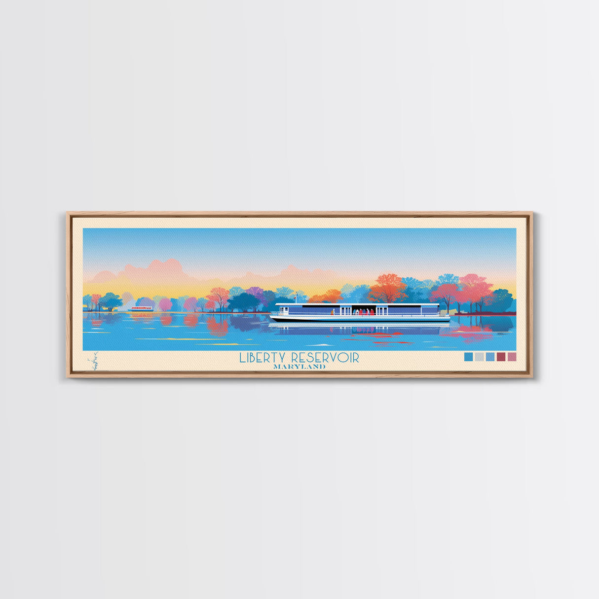 Liberty Reservoir, Maryland Panoramic Wall Art Framed Canvas Print, Midcentury Modern, Pop Art, Home Decor, Travel Poster, Bedroom Art