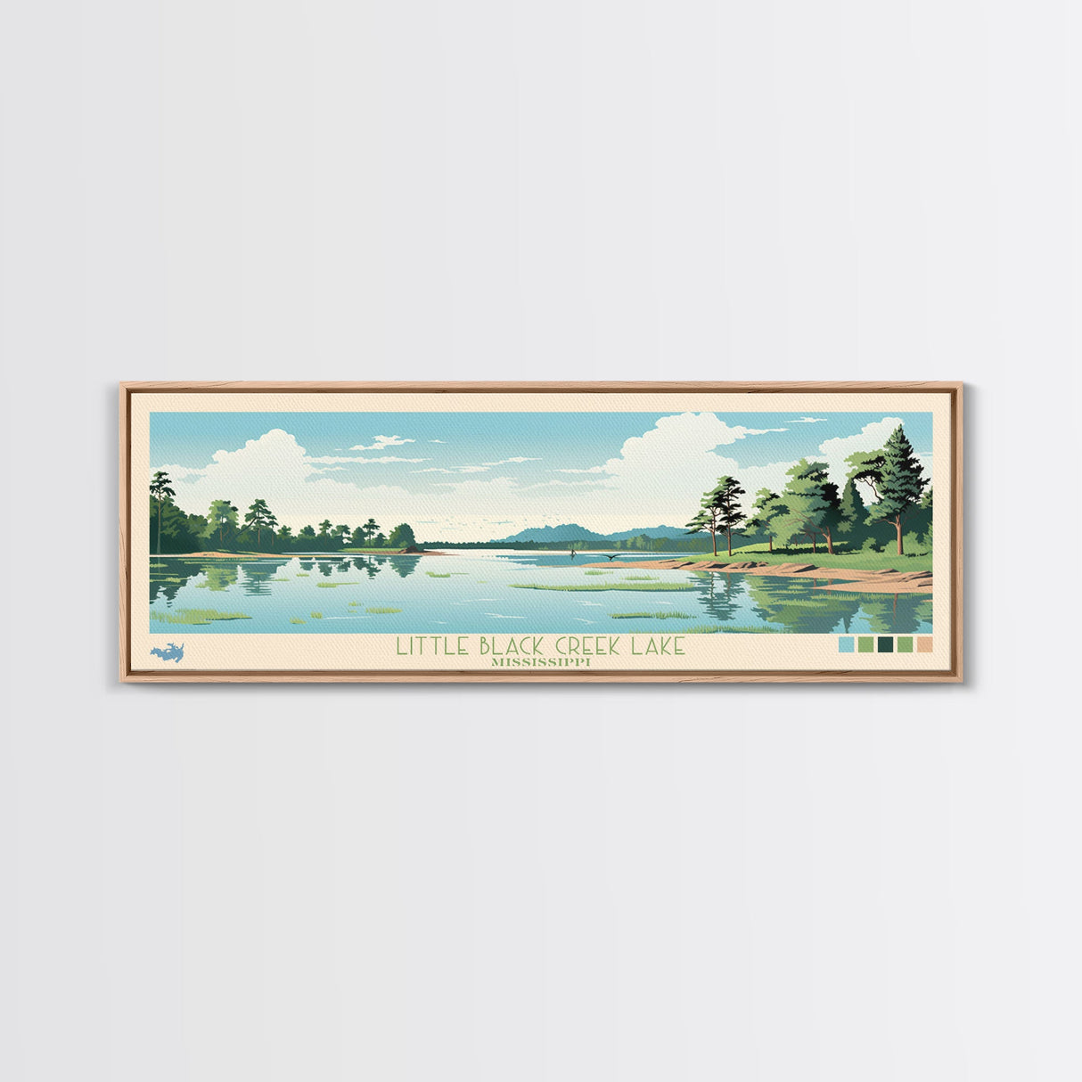 Little Black Creek Lake, Mississippi Panoramic Wall Art Framed Canvas Print, Midcentury Modern, Pop Art, Home Decor, Travel Poster, Bedroom Art