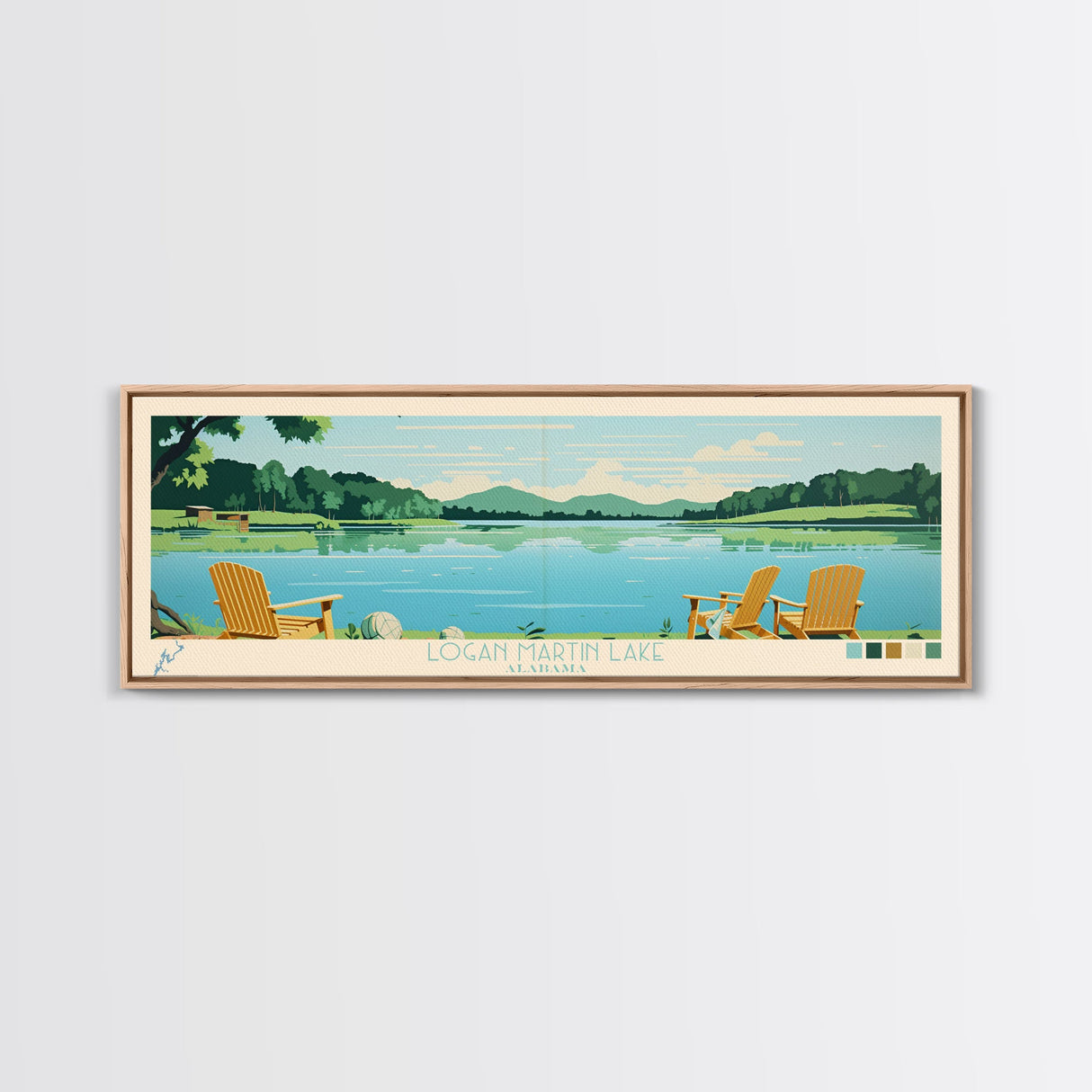 Logan Martin Lake, Alabama Panoramic Wall Art Framed Canvas Print, Midcentury Modern, Pop Art, Home Decor, Travel Poster, Bedroom Art