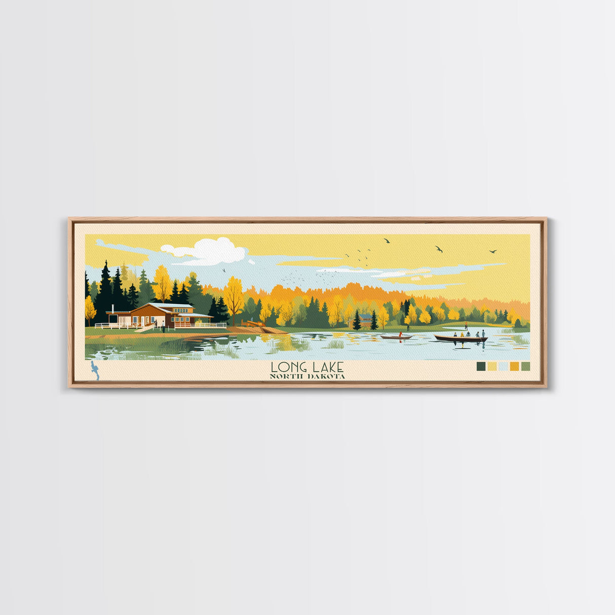 Long Lake, North Dakota Panoramic Wall Art Framed Canvas Print, Midcentury Modern, Pop Art, Home Decor, Travel Poster, Living Room Art