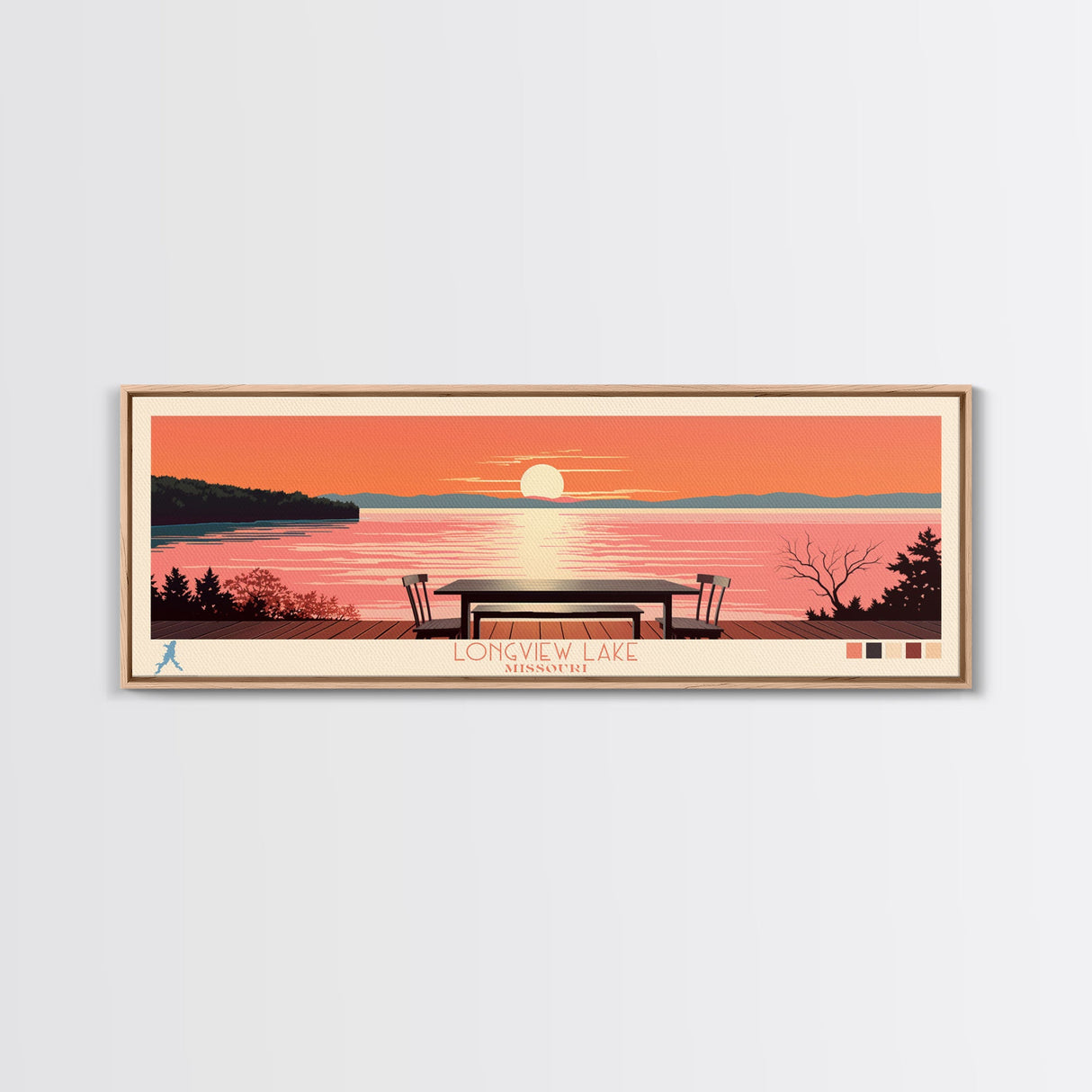 Longview Lake, Missouri Panoramic Wall Art Framed Canvas Print, Midcentury Modern, Pop Art, Home Decor, Travel Poster, Living Room Art