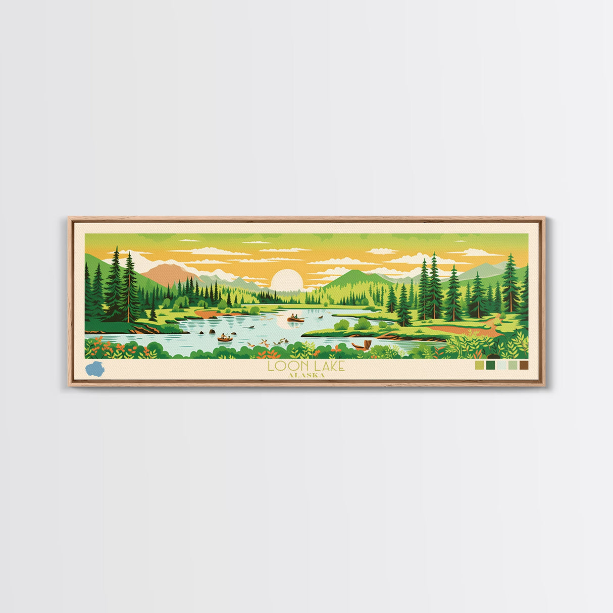 Loon Lake, Alaska Panoramic Wall Art Framed Canvas Print, Midcentury Modern, Pop Art, Home Decor, Travel Poster, Living Room Art