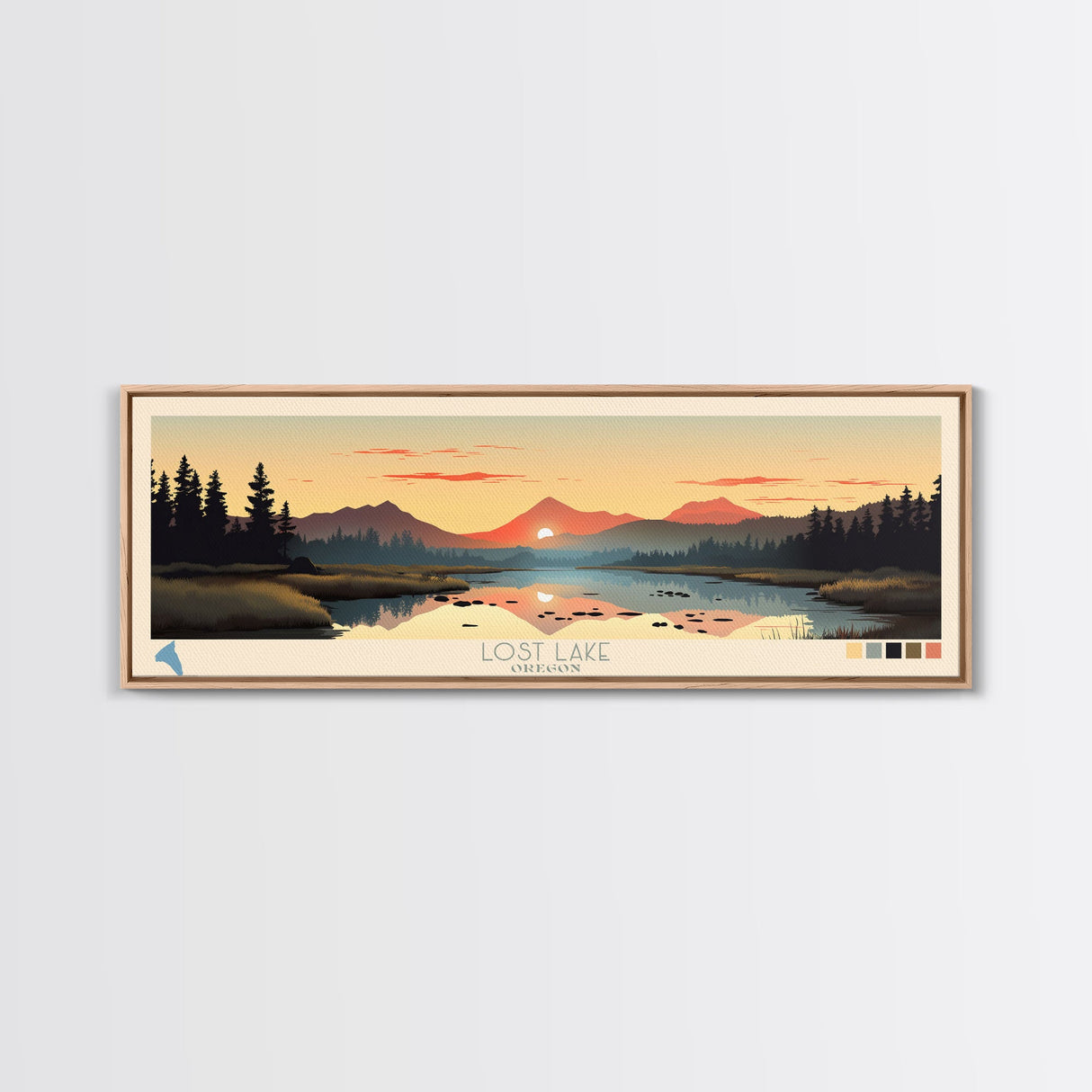 Lost Lake, Oregon Panoramic Wall Art Framed Canvas Print, Midcentury Modern, Pop Art, Home Decor, Travel Poster, Bedroom Art