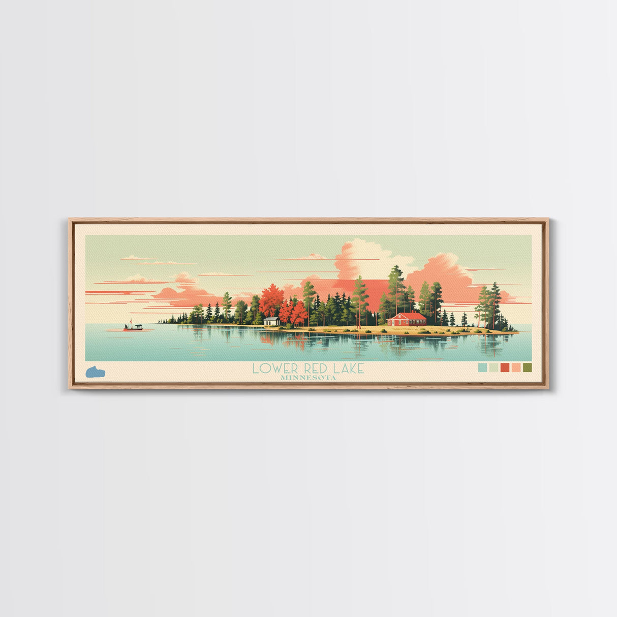 Lower Red Lake, Minnesota Panoramic Wall Art Framed Canvas Print, Midcentury Modern, Pop Art, Home Decor, Travel Poster, Living Room Art