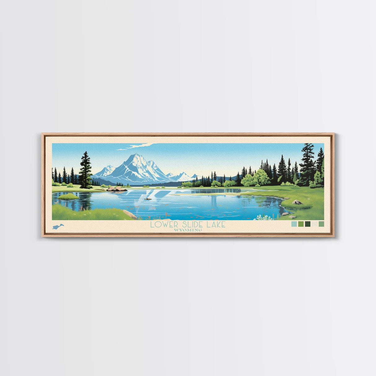 Lower Slide Lake, Wyoming Panoramic Wall Art Framed Canvas Print, Midcentury Modern, Pop Art, Home Decor, Travel Poster, Living Room Art