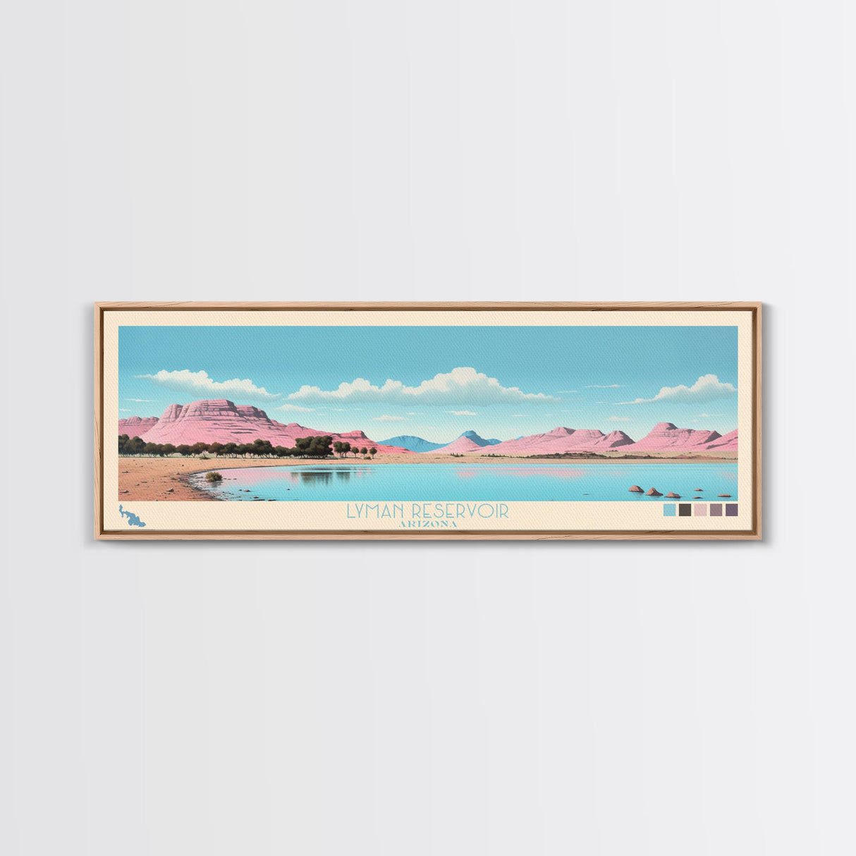 Lyman Reservoir, Arizona Panoramic Wall Art Framed Canvas Print, Midcentury Modern, Pop Art, Home Decor, Travel Poster, Bedroom Art