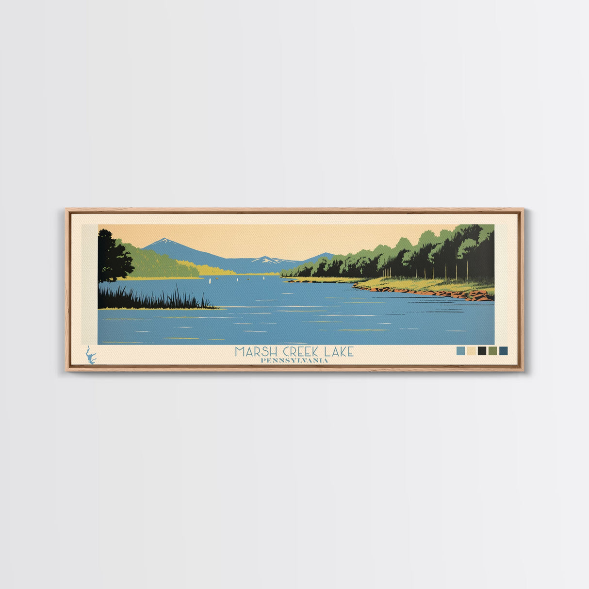 Marsh Creek Lake, Pennsylvania Panoramic Wall Art Framed Canvas Print, Midcentury Modern, Pop Art, Home Decor, Travel Poster, Bedroom Art