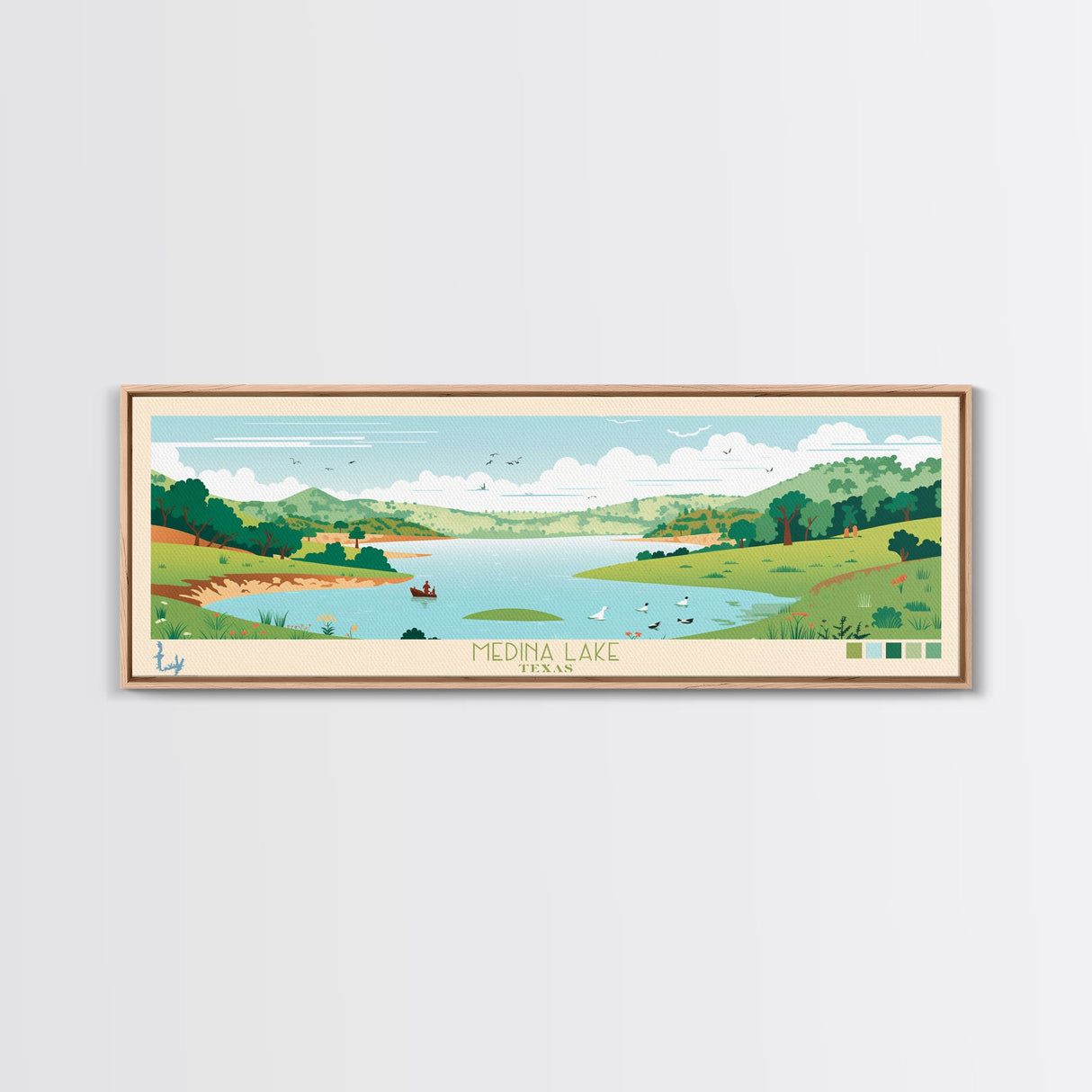 Medina Lake, Texas Panoramic Wall Art Framed Canvas Print, Midcentury Modern, Pop Art, Home Decor, Travel Poster, Bedroom Art