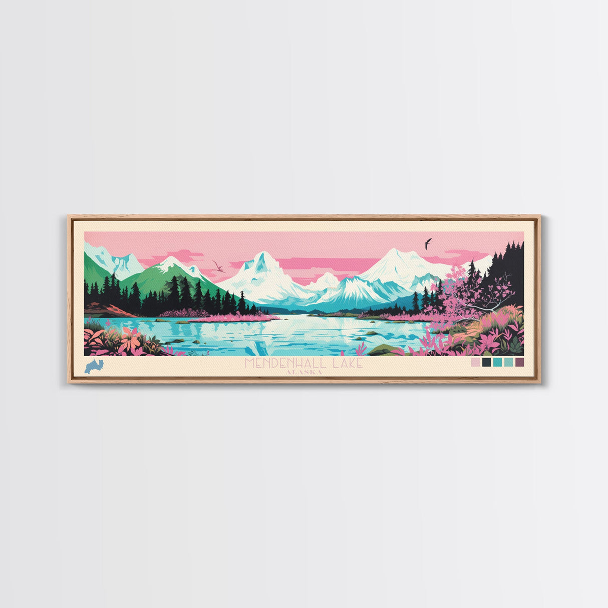 Mendenhall Lake, Alaska Panoramic Wall Art Framed Canvas Print, Midcentury Modern, Pop Art, Home Decor, Travel Poster, Living Room Art