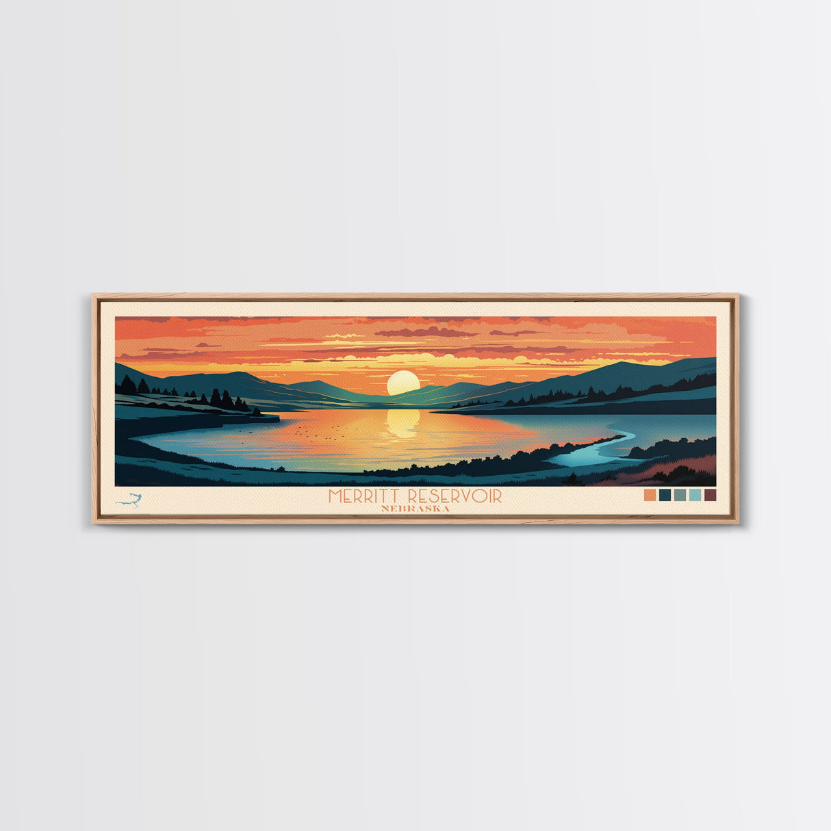 Merritt Reservoir, Nebraska Panoramic Wall Art Framed Canvas Print, Midcentury Modern, Pop Art, Home Decor, Travel Poster, Bedroom Art