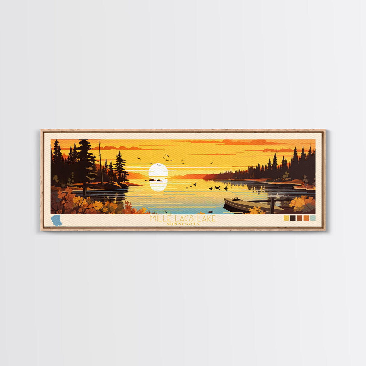 Mille Lacs Lake, Minnesota Framed Canvas Print, Panoramic Wall Art, Midcentury Modern, Pop Art, Home Decor, Travel Poster, Living Room Art