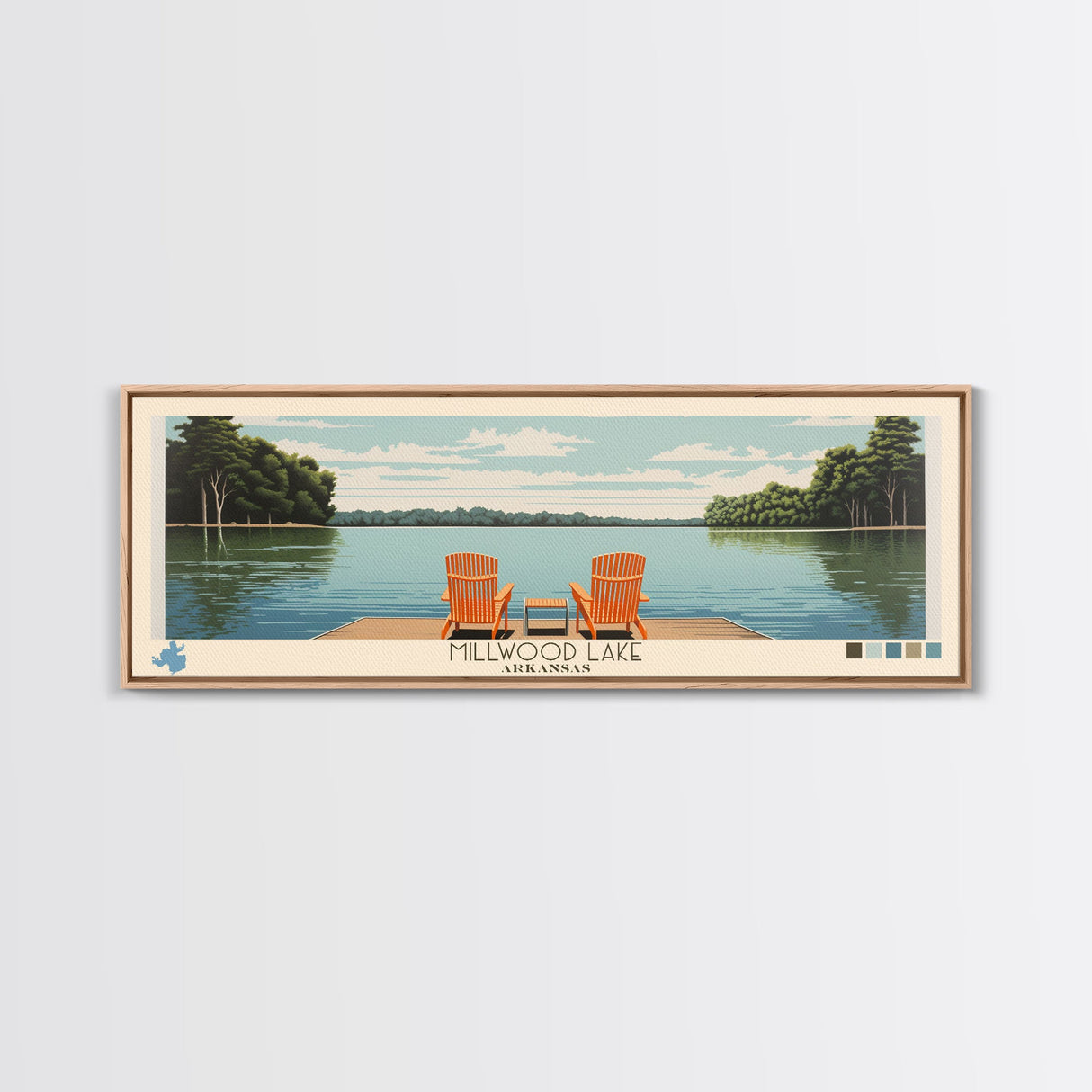 Millwood Lake, Arkansas Framed Canvas Print, Panoramic Wall Art, Midcentury Modern, Pop Art, Home Decor, Travel Poster, Bedroom Art