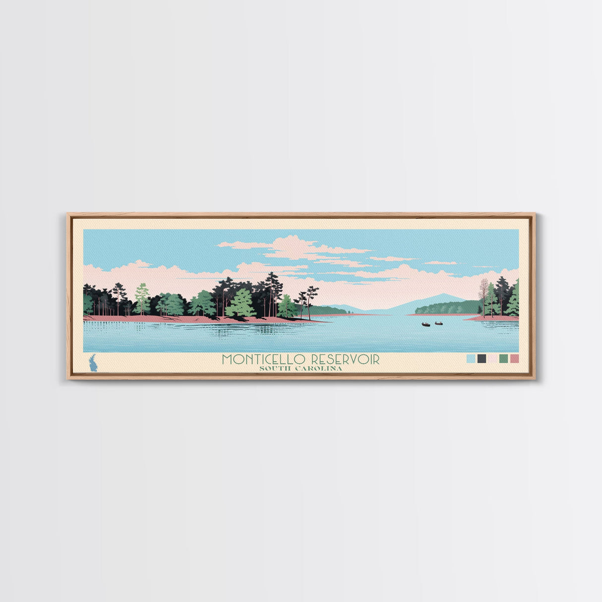 Monticello Reservoir, South Carolina Framed Canvas Print, Panoramic Wall Art, Midcentury Modern, Pop Art, Home Decor, Travel Poster, Bedroom Art