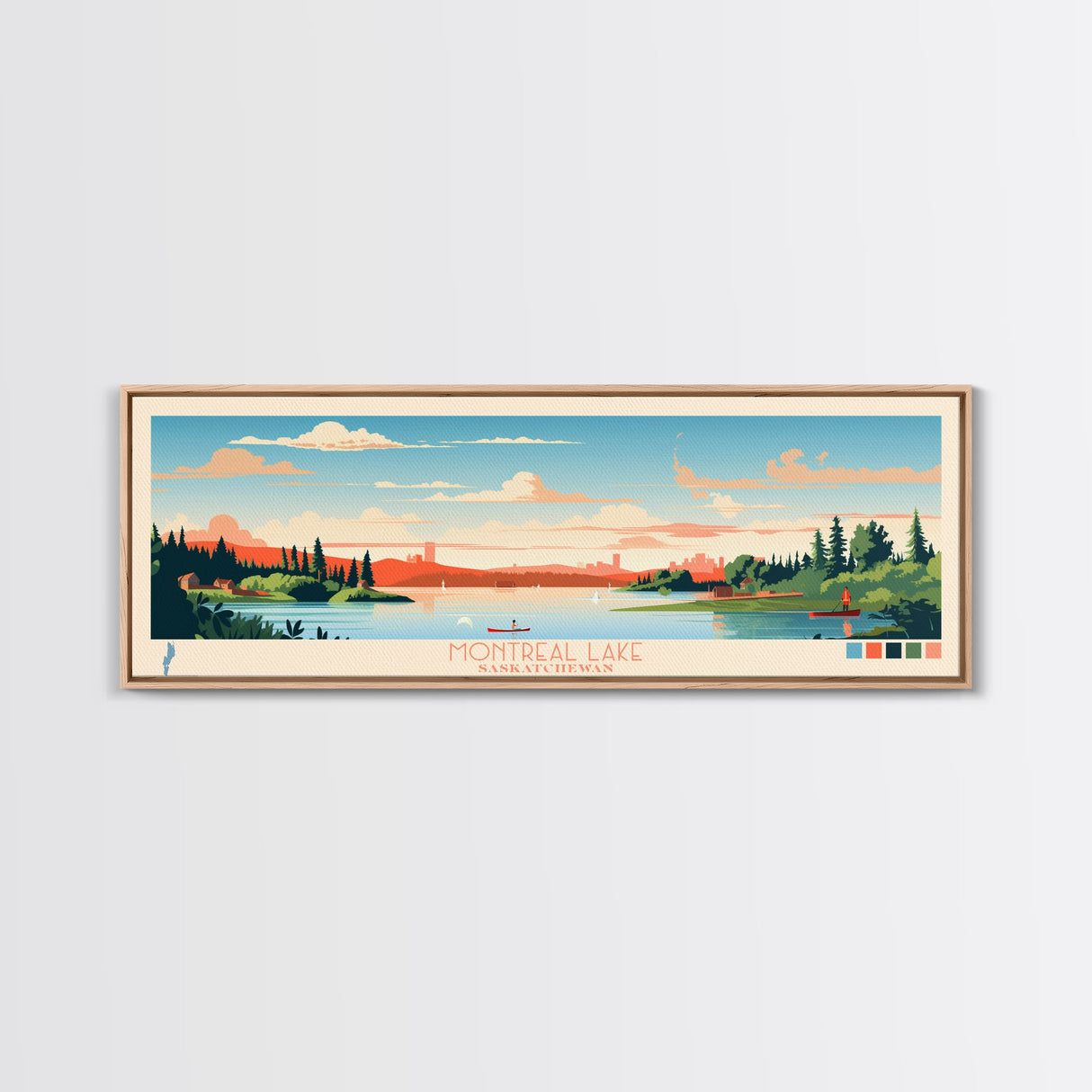 Montreal Lake, Saskatchewan Framed Canvas Print, Panoramic Wall Art, Midcentury Modern, Pop Art, Home Decor, Travel Poster, Living Room Art