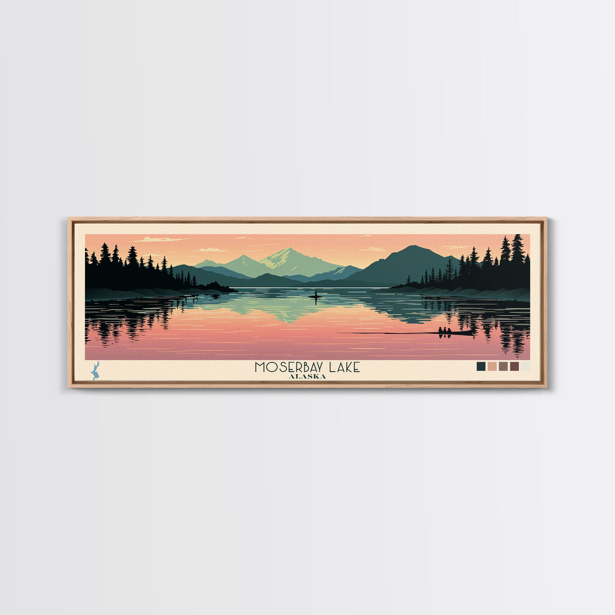 Moser Bay Lake, Alaska Framed Canvas Print, Panoramic Wall Art, Midcentury Modern, Pop Art, Home Decor, Travel Poster, Living Room Art