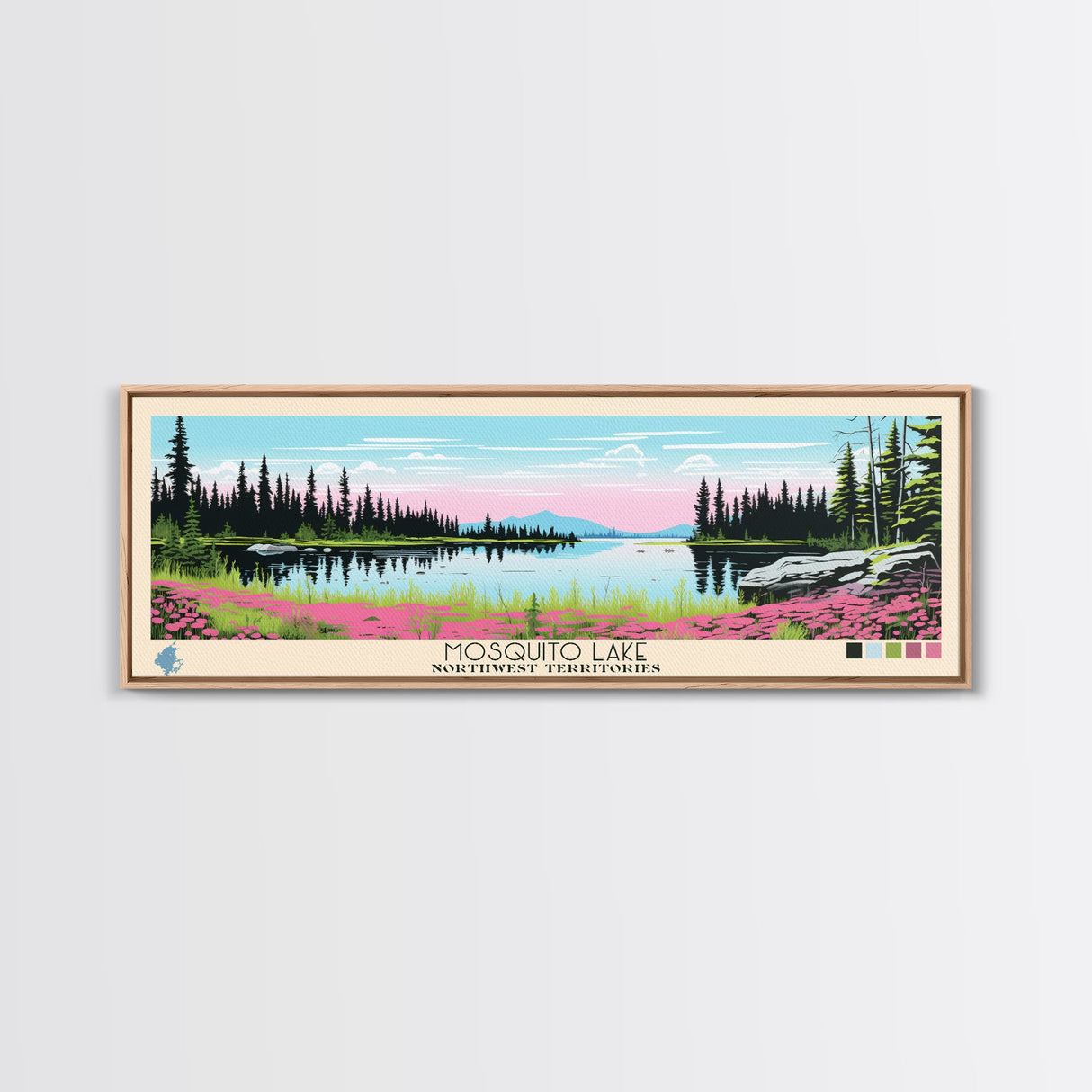 Mosquito Lake, Northwest Territories Framed Canvas Print, Panoramic Wall Art, Midcentury Modern, Pop Art, Home Decor, Travel Poster, Bedroom Art