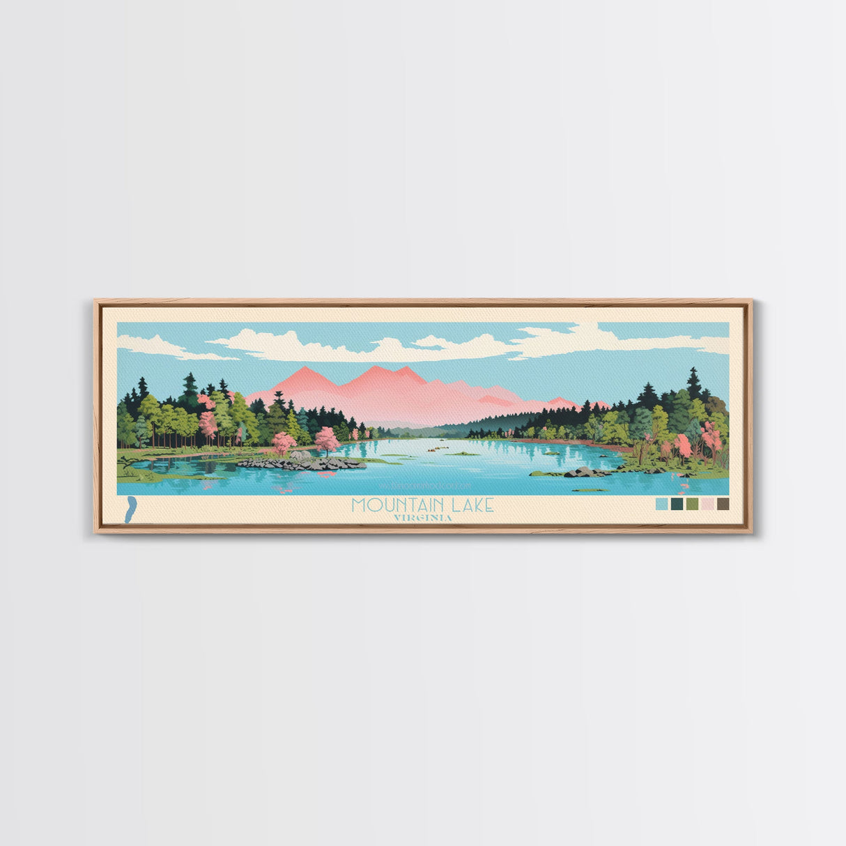 Mountain Lake, Virginia Framed Canvas Print, Panoramic Wall Art, Midcentury Modern, Pop Art, Home Decor, Travel Poster, Bedroom Art