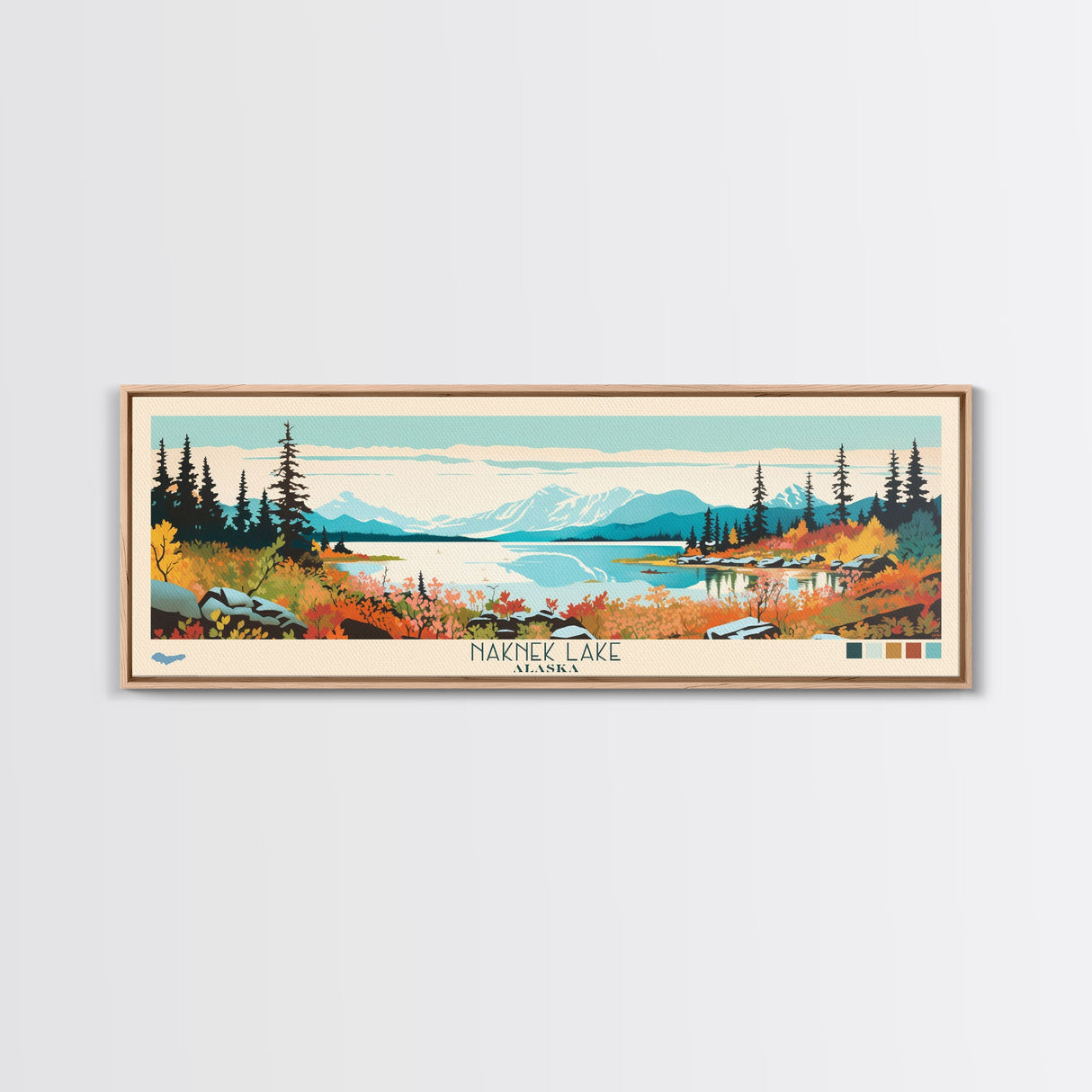 Naknek Lake, Alaska Framed Canvas Print, Panoramic Wall Art, Midcentury Modern, Pop Art, Home Decor, Travel Poster, Living Room Art