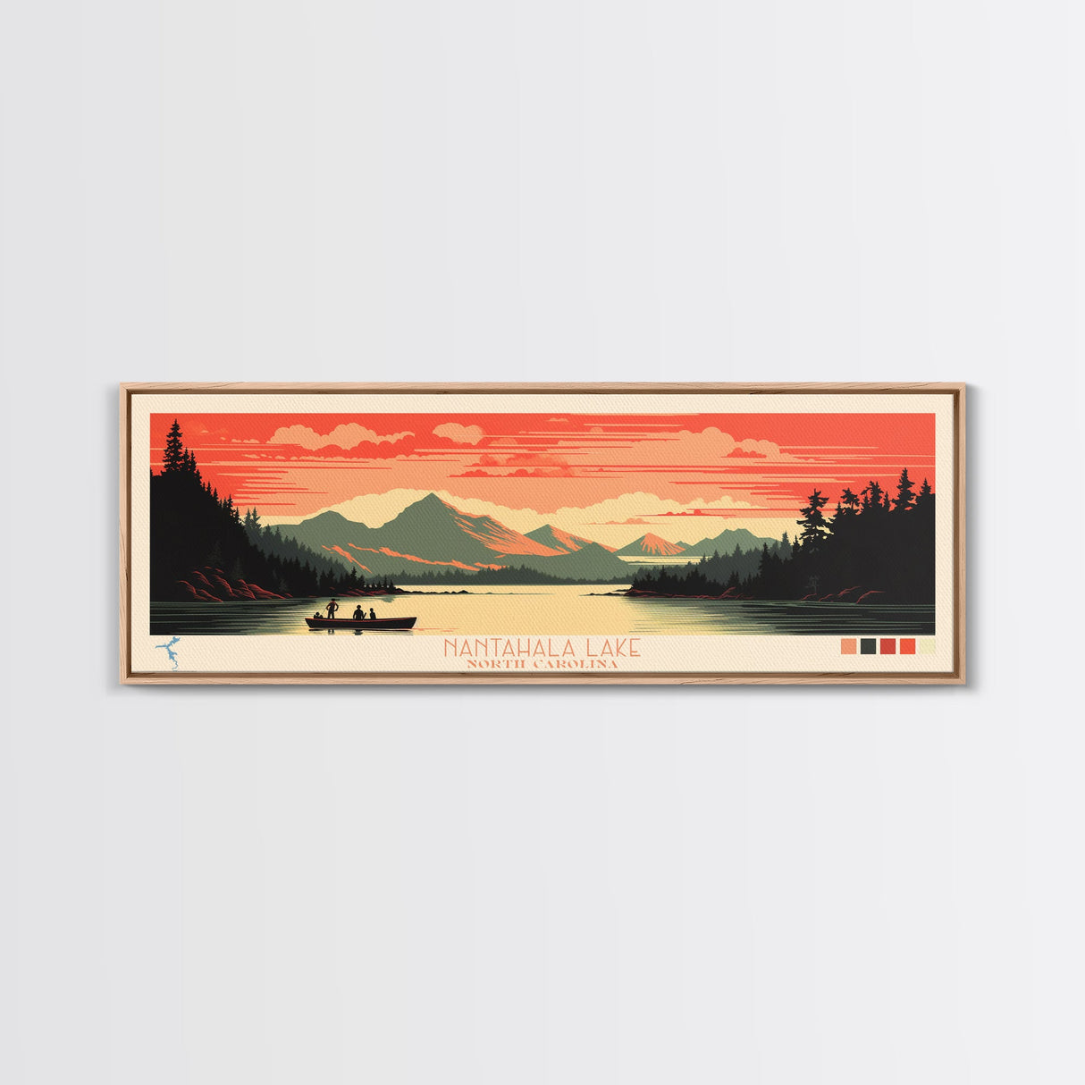 Nantahala Lake, North Carolina Framed Canvas Print, Panoramic Wall Art, Midcentury Modern, Pop Art, Home Decor, Travel Poster, Bedroom Art