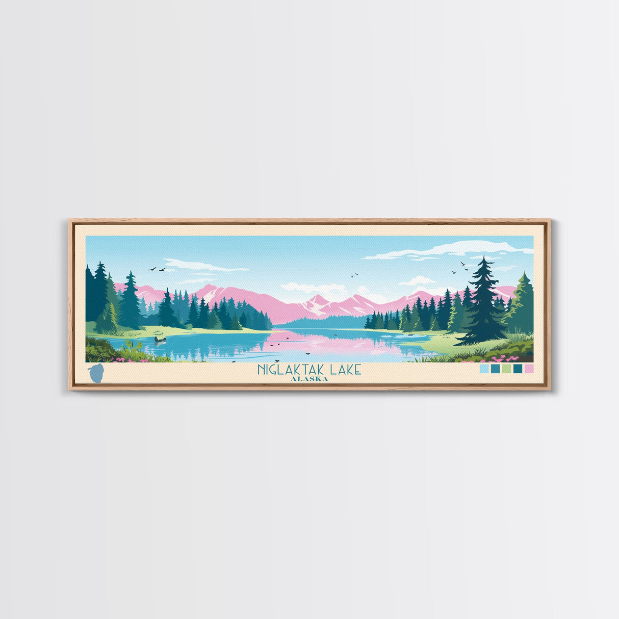 Niglaktak Lake, Alaska Framed Canvas Print, Panoramic Wall Art, Midcentury Modern, Pop Art, Home Decor, Travel Poster, Bedroom Art