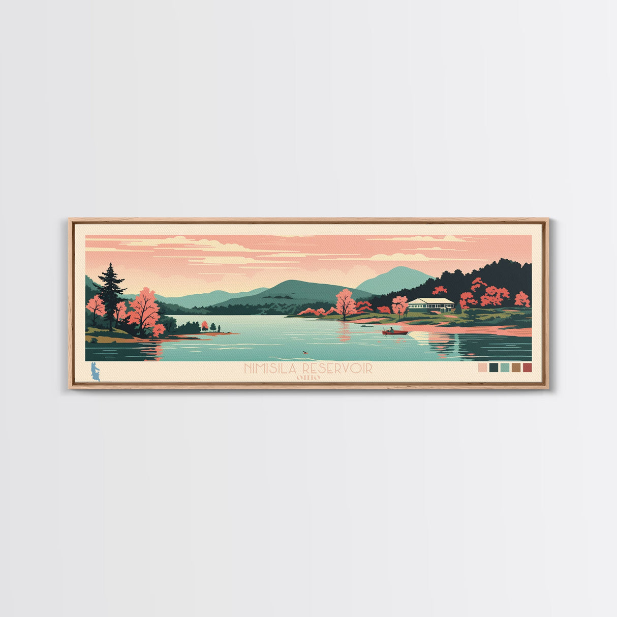 Nimisila Reservoir, Ohio Framed Canvas Print, Panoramic Wall Art, Midcentury Modern, Pop Art, Home Decor, Travel Poster, Living Room Art