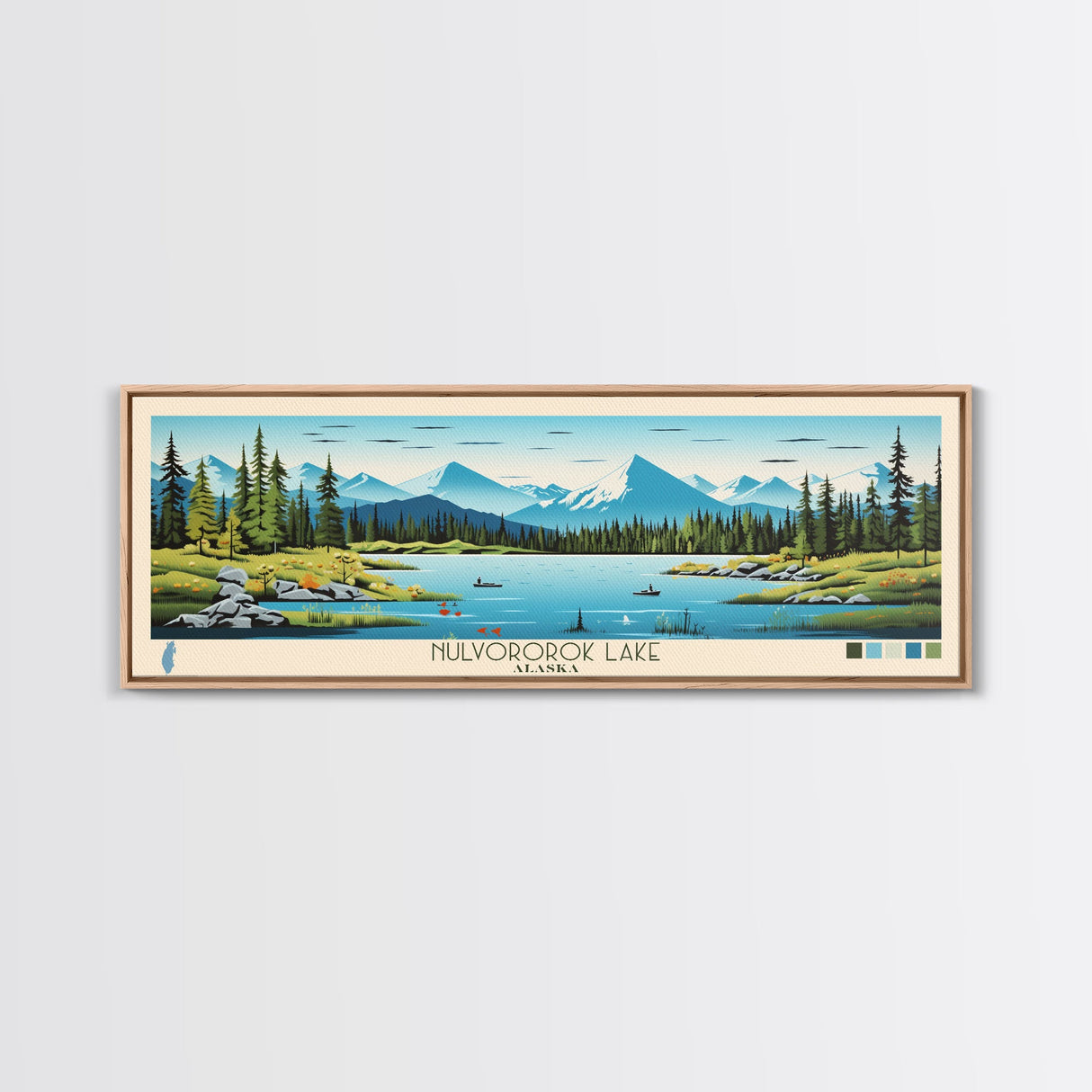 Nulvororok Lake, Alaska Framed Canvas Print, Panoramic Wall Art, Midcentury Modern, Pop Art, Home Decor, Travel Poster, Living Room Art