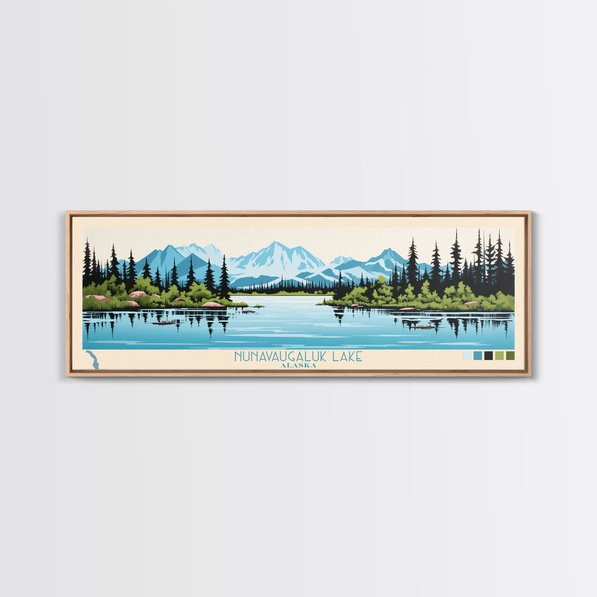 Nunavaugaluk Lake, Alaska Framed Canvas Print, Panoramic Wall Art, Midcentury Modern, Pop Art, Home Decor, Travel Poster, Living Room Art