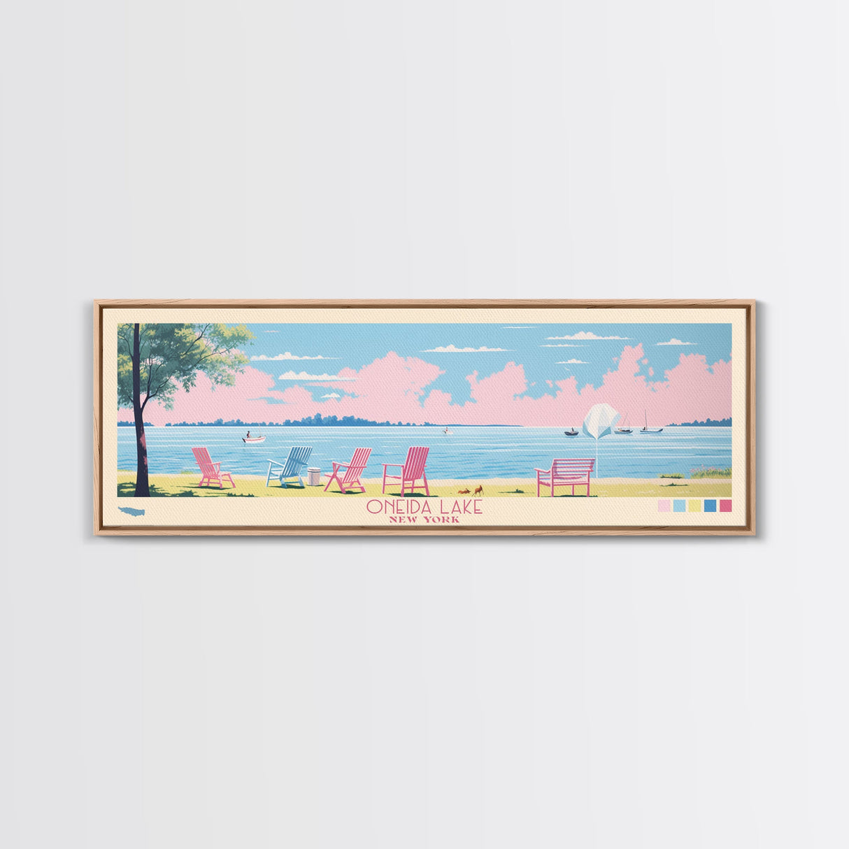 Oneida Lake, New York Framed Canvas Print, Panoramic Wall Art, Midcentury Modern, Pop Art, Home Decor, Travel Poster, Bedroom Art