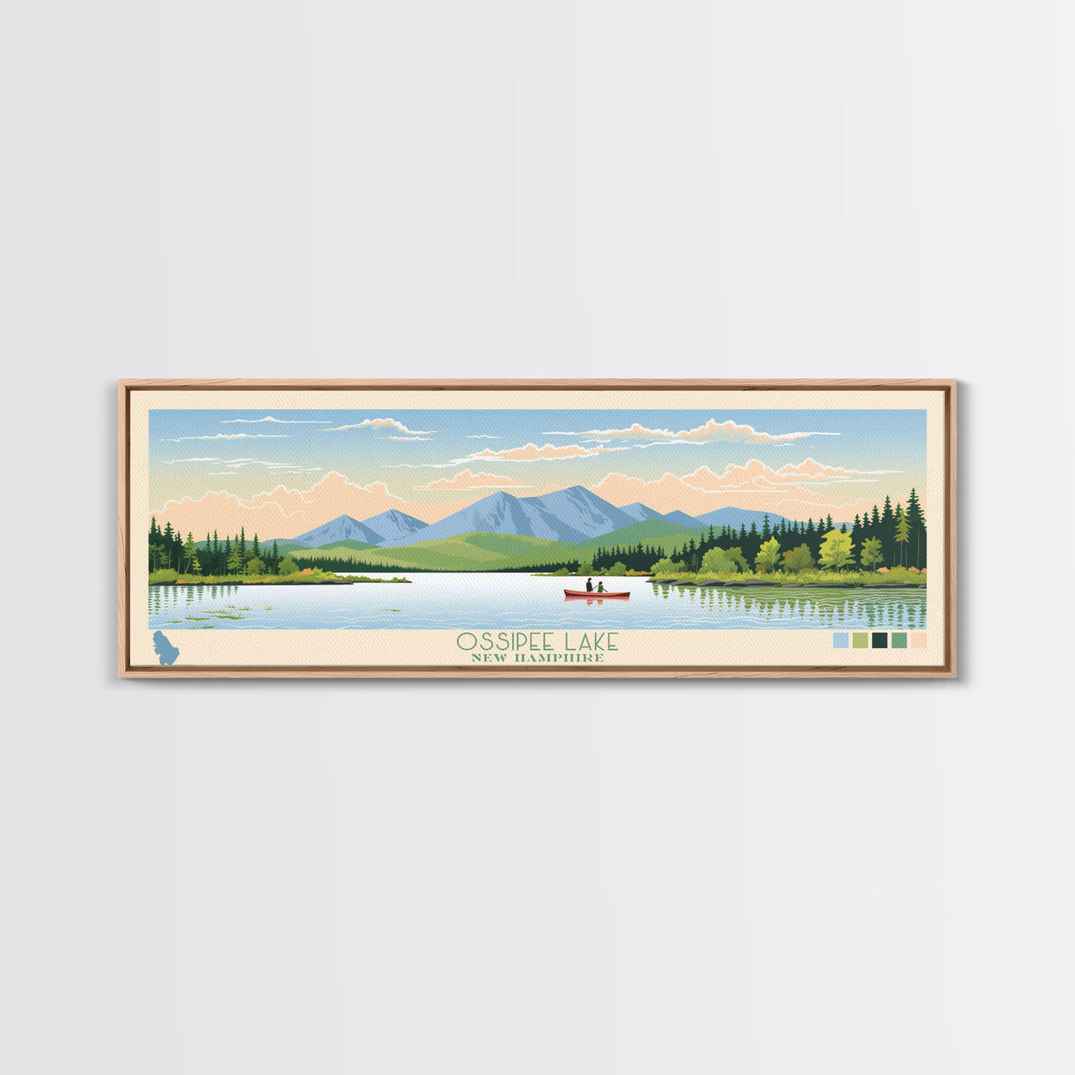 Ossipee Lake, New Hampshire Framed Canvas Print, Panoramic Wall Art, Midcentury Modern, Pop Art, Home Decor, Travel Poster, Bedroom Art