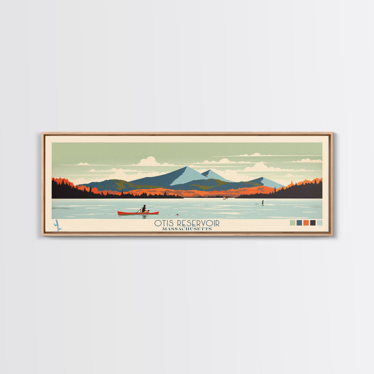 Otis Reservoir, Massachusetts Framed Canvas Print, Panoramic Wall Art, Midcentury Modern, Pop Art, Home Decor, Travel Poster, Living Room Art