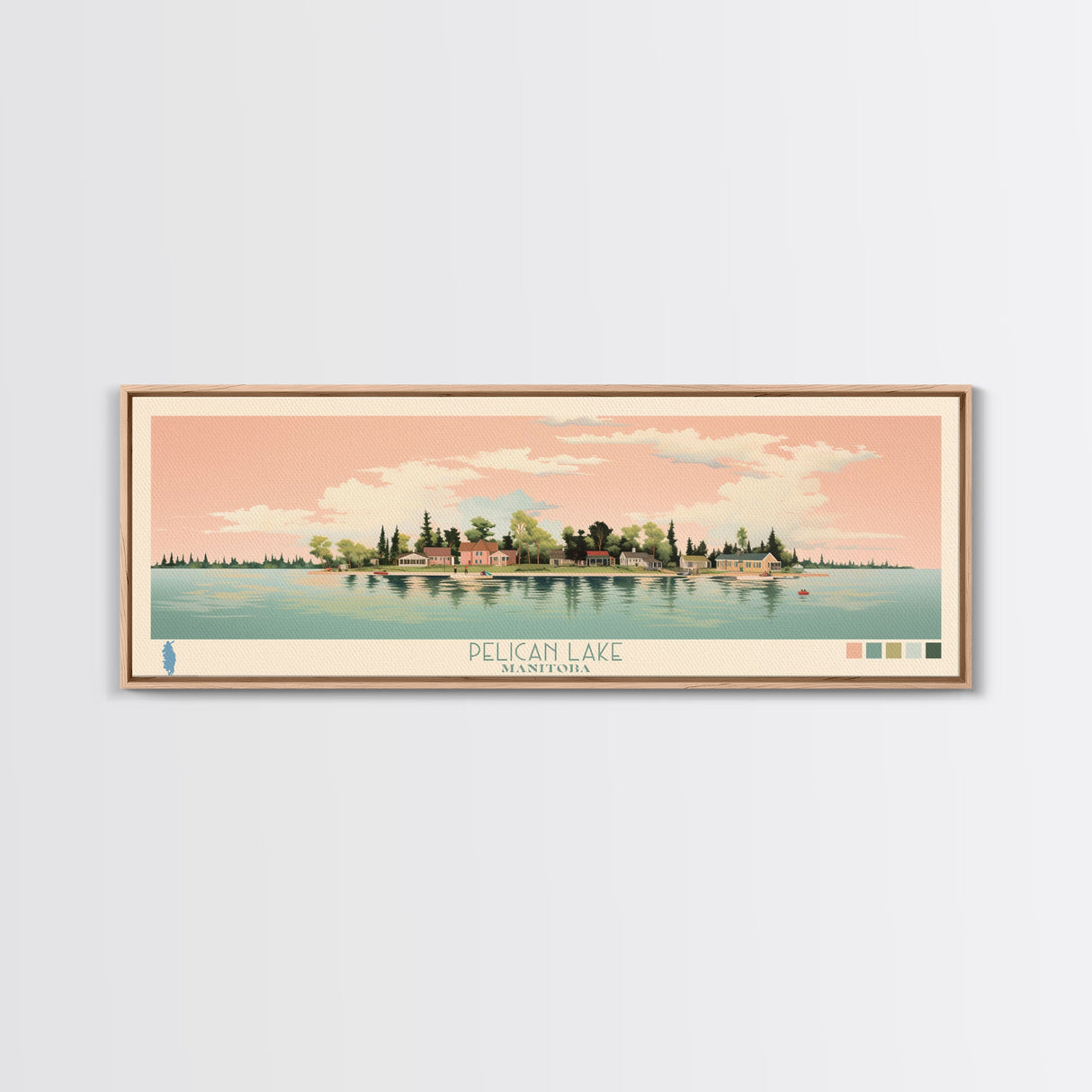 Pelican Lake, Manitoba Framed Canvas Print, Panoramic Wall Art, Midcentury Modern, Pop Art, Home Decor, Travel Poster, Bedroom Art