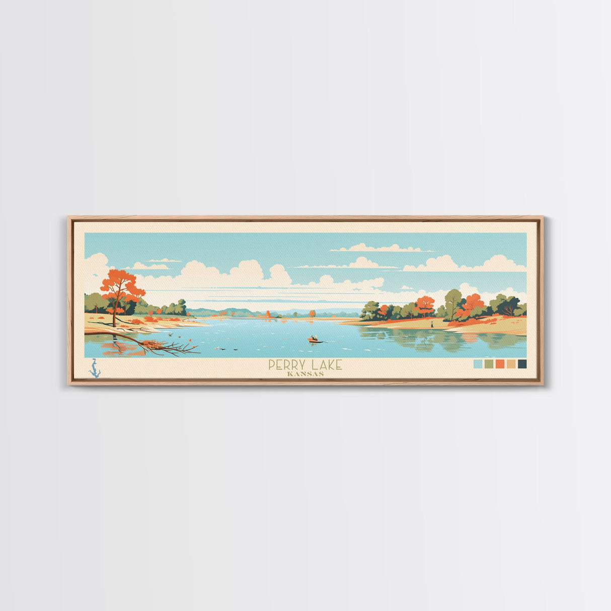 Perry Lake, Kansas Framed Canvas Print, Panoramic Wall Art, Midcentury Modern, Pop Art, Home Decor, Travel Poster, Living Room Art