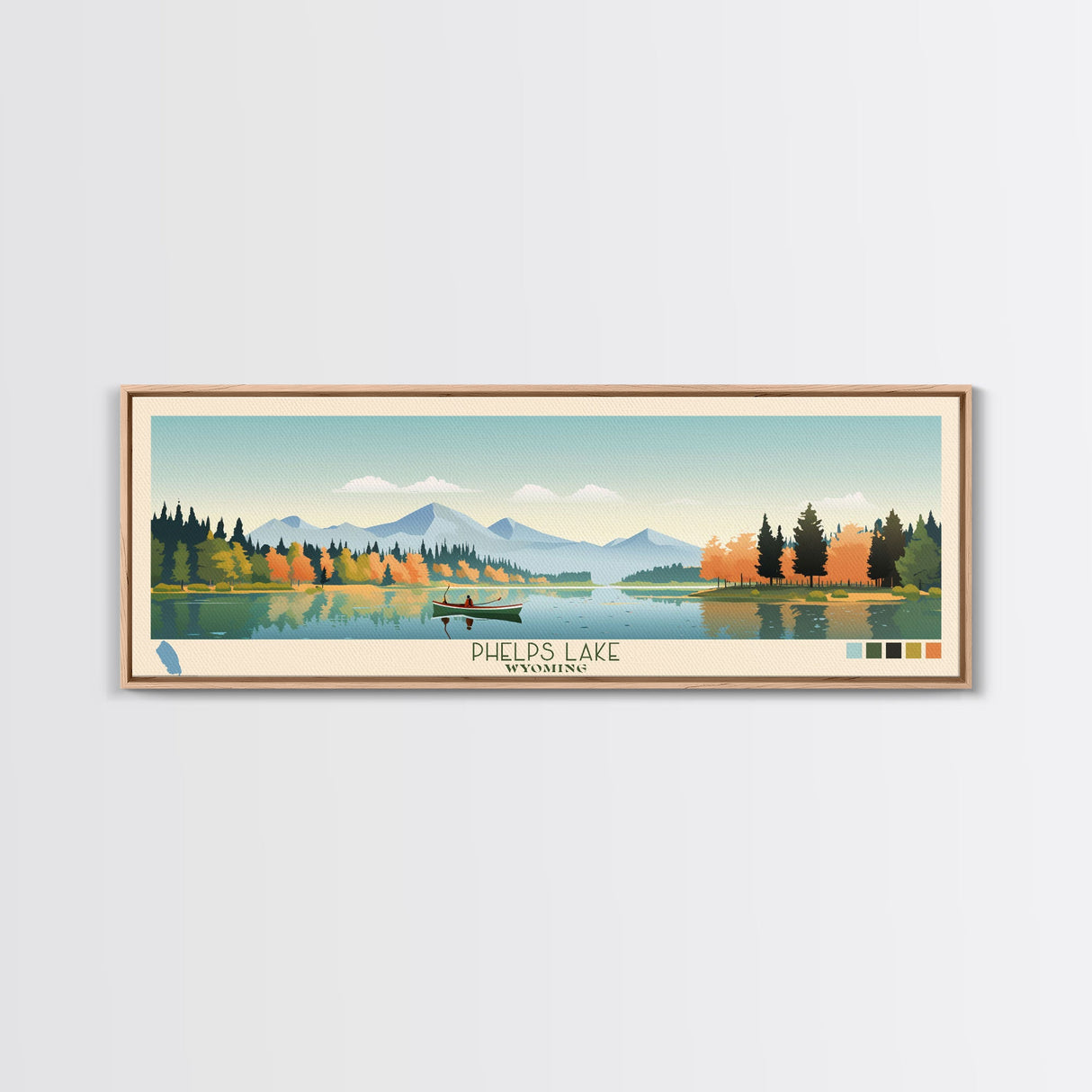 Phelps Lake, Wyoming Framed Canvas Print, Panoramic Wall Art, Midcentury Modern, Pop Art, Home Decor, Travel Poster, Bedroom Art