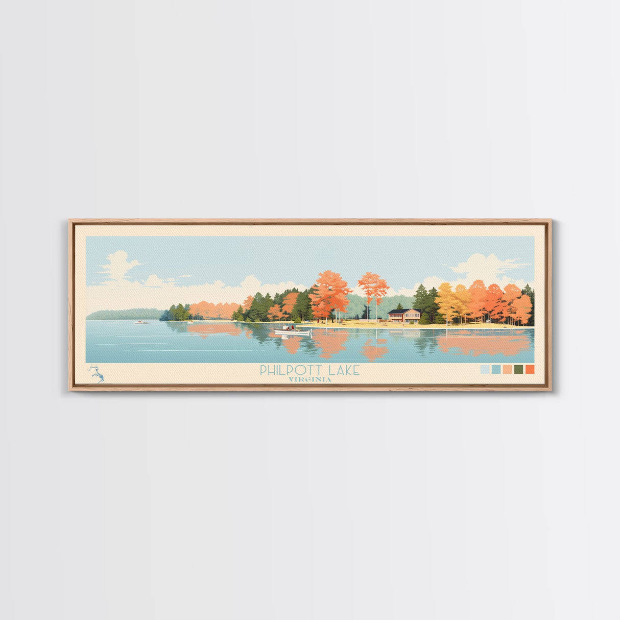 Philpott Lake, Virginia Framed Canvas Print, Panoramic Wall Art, Midcentury Modern, Pop Art, Home Decor, Travel Poster, Living Room Art