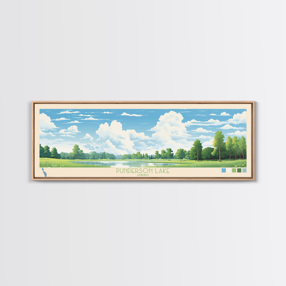 Punderson Lake, Ohio Framed Canvas Print, Living Room Art, Midcentury Modern, Pop Art, Panoramic Wall Art, Travel Poster